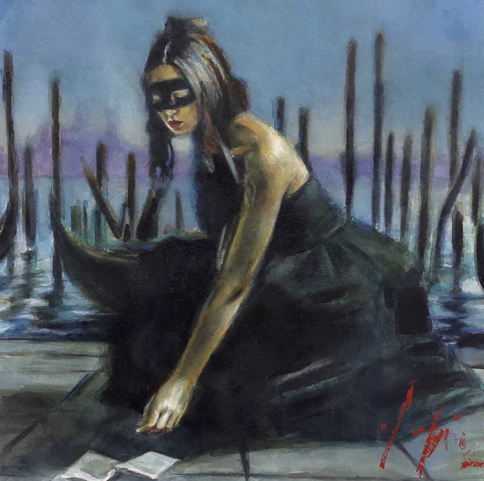 Fabian Perez (Argentinian, b.1967), 'Venice', watercolour on paper, 34 x 34cm